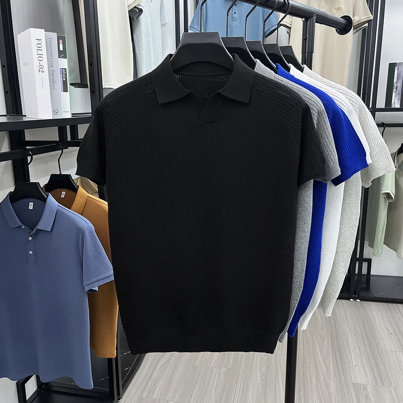 Flip Collar Seagull Collar Vintage Style Polo Shirt Men's Short Sleeved Knitted Breathable Summer Casual Versatile Top