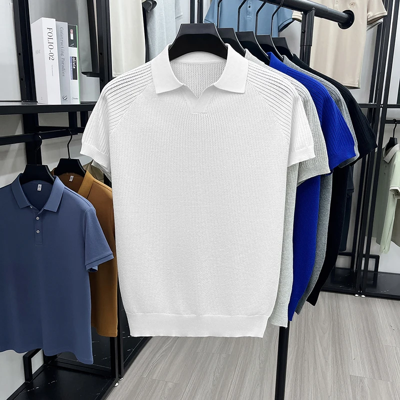 Flip Collar Seagull Collar Vintage Style Polo Shirt Men's Short Sleeved Knitted Breathable Summer Casual Versatile Top