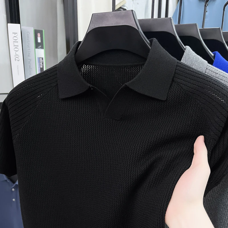 Flip Collar Seagull Collar Vintage Style Polo Shirt Men's Short Sleeved Knitted Breathable Summer Casual Versatile Top