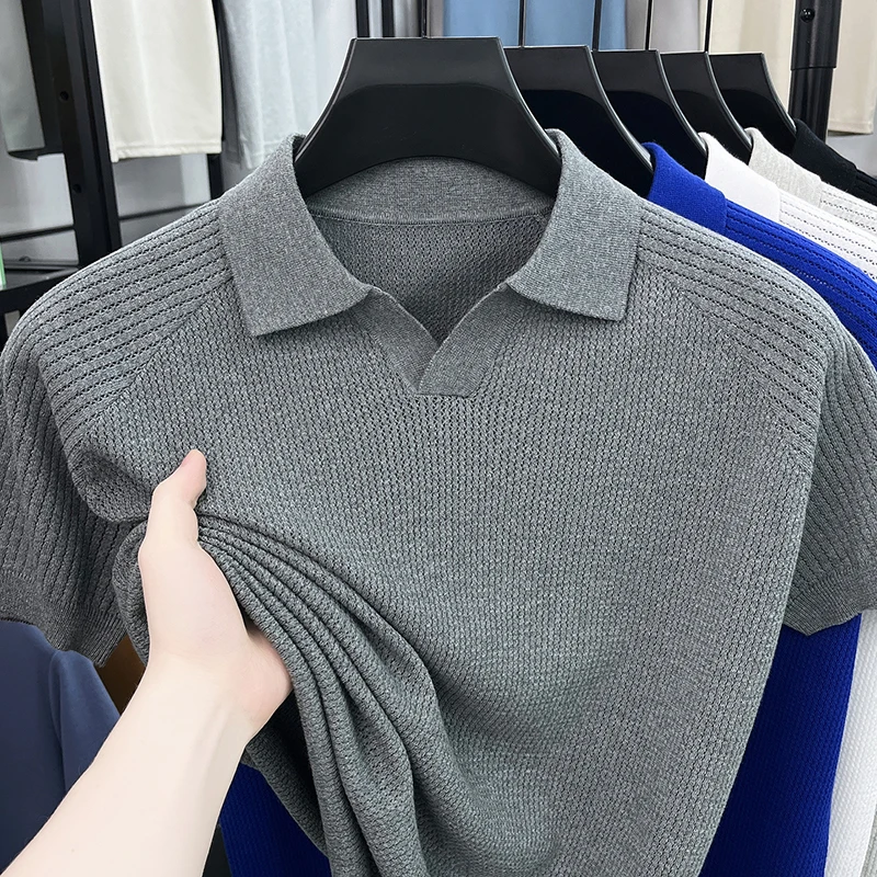Flip Collar Seagull Collar Vintage Style Polo Shirt Men's Short Sleeved Knitted Breathable Summer Casual Versatile Top