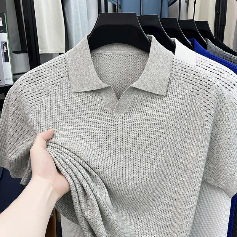Flip Collar Seagull Collar Vintage Style Polo Shirt Men's Short Sleeved Knitted Breathable Summer Casual Versatile Top