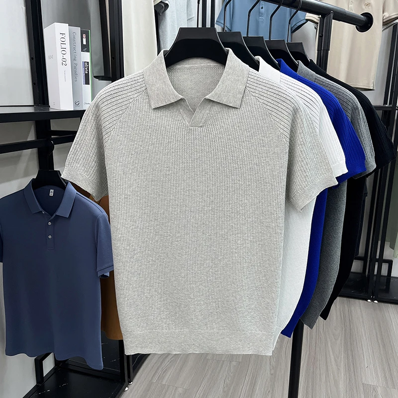 Flip Collar Seagull Collar Vintage Style Polo Shirt Men's Short Sleeved Knitted Breathable Summer Casual Versatile Top