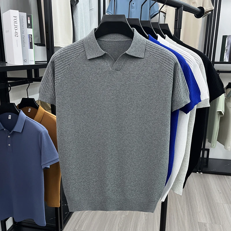 Flip Collar Seagull Collar Vintage Style Polo Shirt Men's Short Sleeved Knitted Breathable Summer Casual Versatile Top