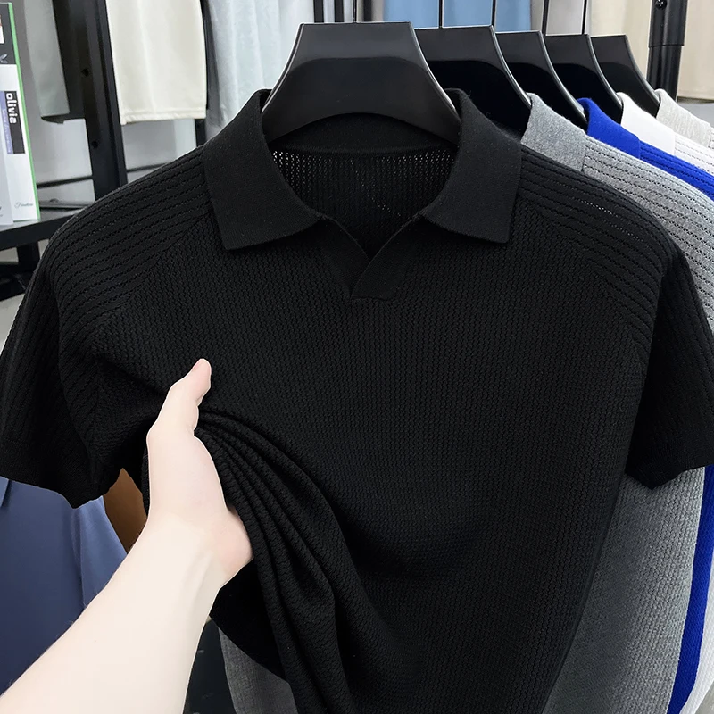 Flip Collar Seagull Collar Vintage Style Polo Shirt Men's Short Sleeved Knitted Breathable Summer Casual Versatile Top