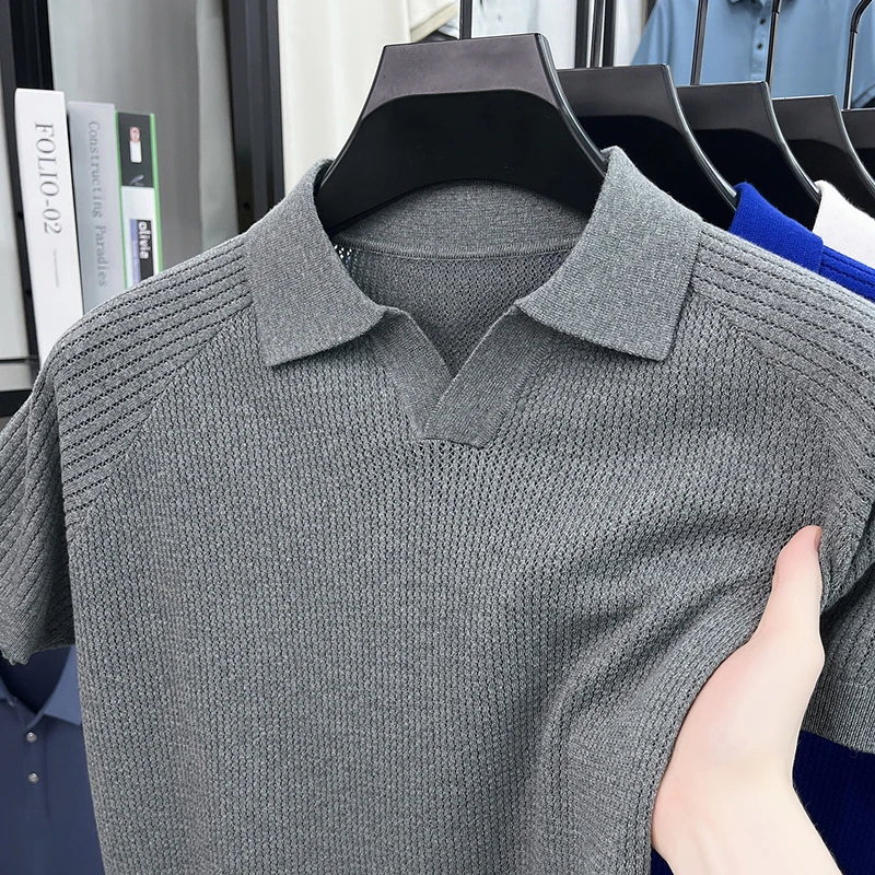 Flip Collar Seagull Collar Vintage Style Polo Shirt Men's Short Sleeved Knitted Breathable Summer Casual Versatile Top