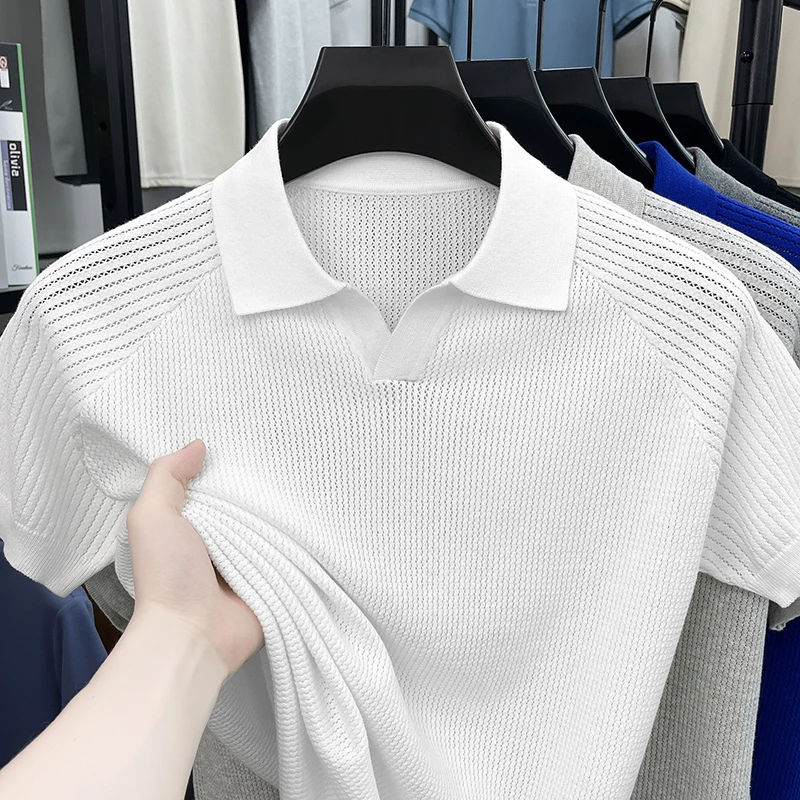 Flip Collar Seagull Collar Vintage Style Polo Shirt Men's Short Sleeved Knitted Breathable Summer Casual Versatile Top