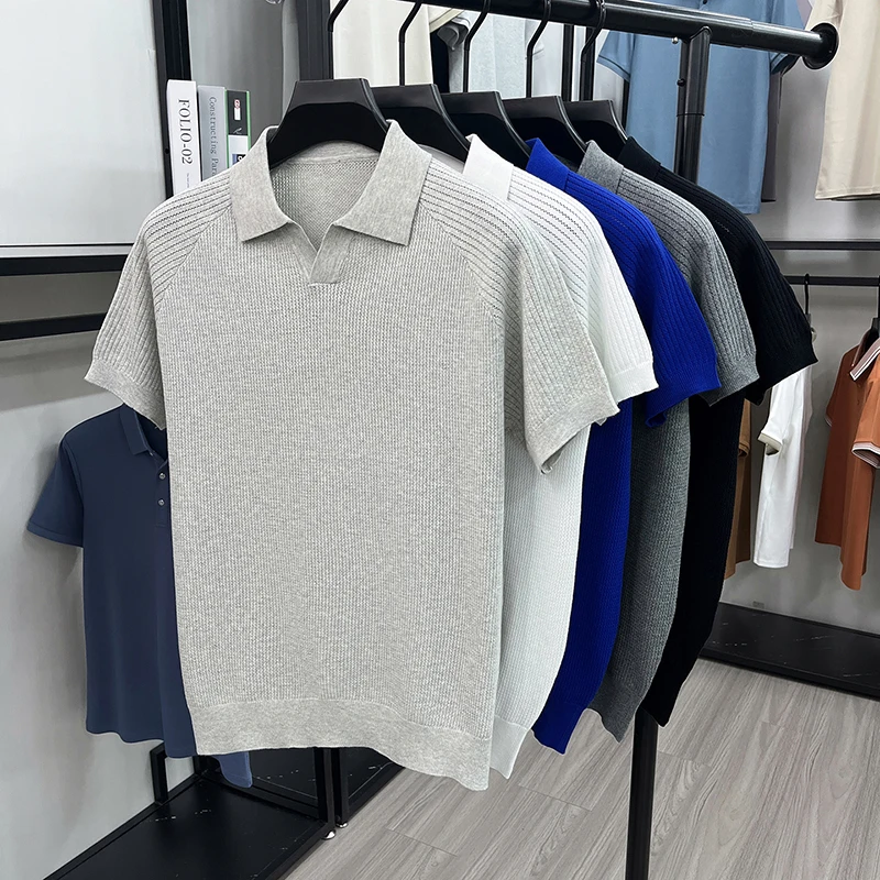 Flip Collar Seagull Collar Vintage Style Polo Shirt Men's Short Sleeved Knitted Breathable Summer Casual Versatile Top