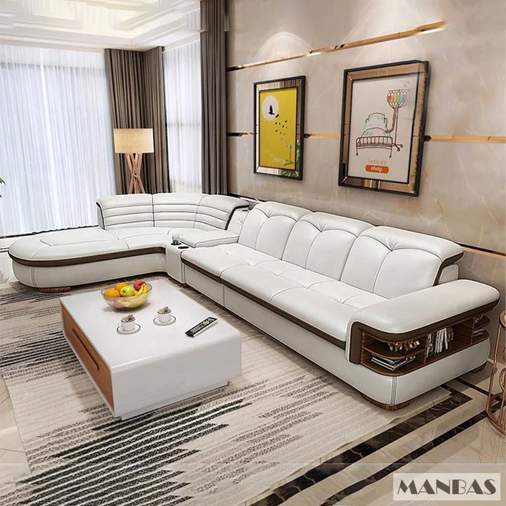 Luxury L-Shaped Genuine Leather Sectional Sofa Sets with USB, Bluetooth Speaker - Linlamlim Living Room Italian Leather Couches