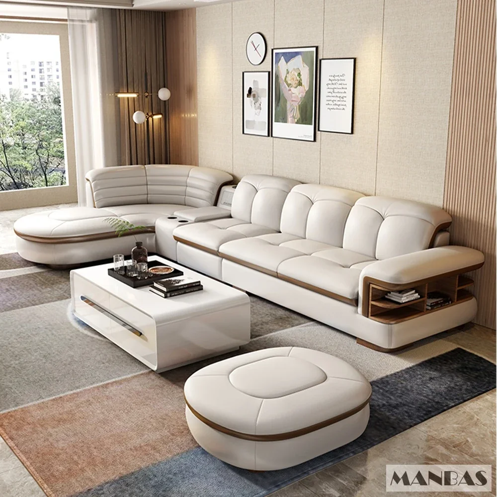 Luxury L-Shaped Genuine Leather Sectional Sofa Sets with USB, Bluetooth Speaker - Linlamlim Living Room Italian Leather Couches
