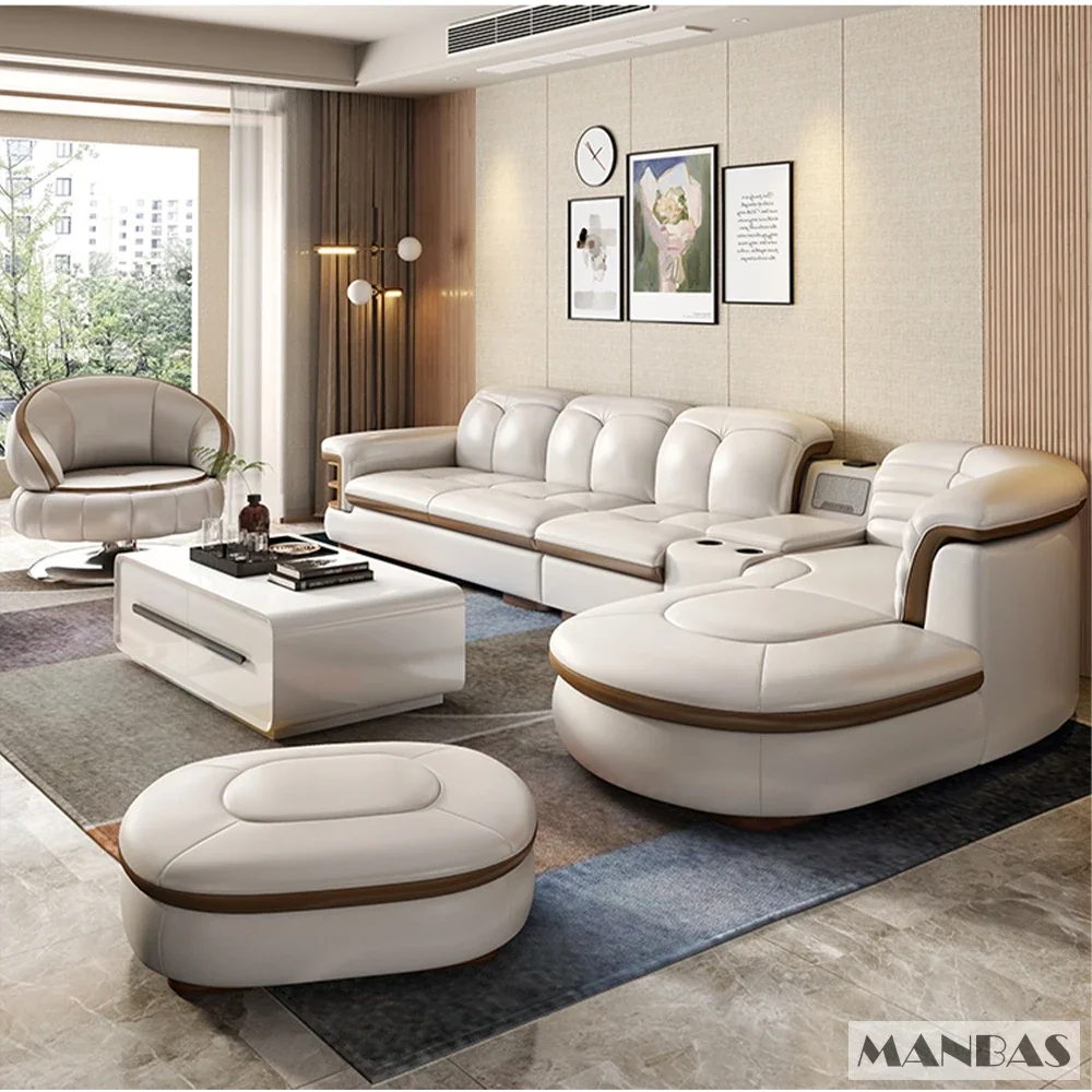 Luxury L-Shaped Genuine Leather Sectional Sofa Sets with USB, Bluetooth Speaker - Linlamlim Living Room Italian Leather Couches