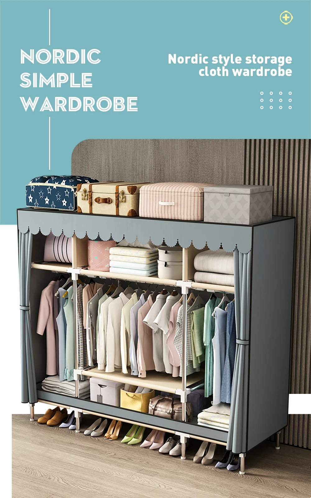Waterproof Double Rod Non - Woven Storage: Durable, Minimalist Fabric Wardrobe with Ample Space & High Practicality