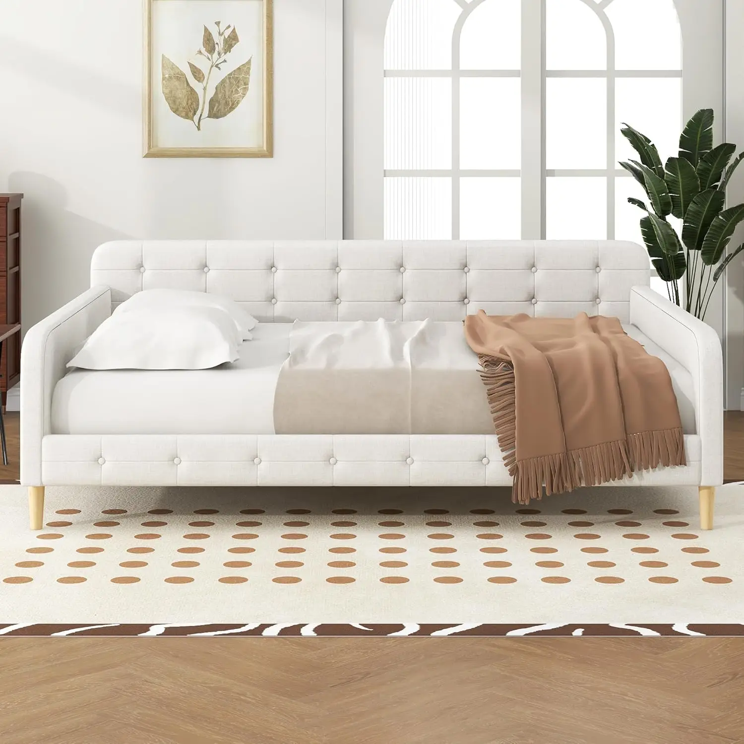 Queen Upholstered Daybed Button Tufted Sofa Bed Frame Wood Slats Living Room Guest Room Easy Assembly Customized