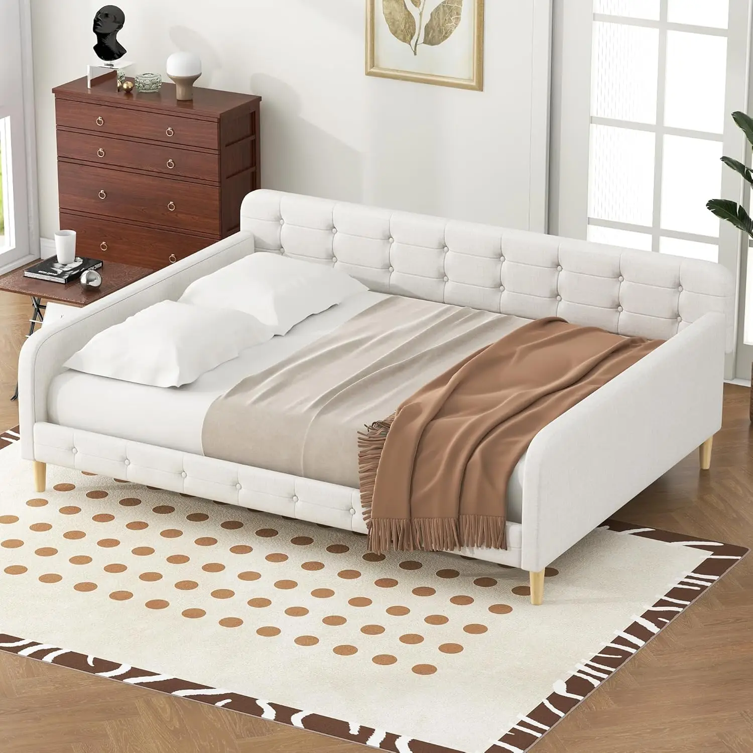 Queen Upholstered Daybed Button Tufted Sofa Bed Frame Wood Slats Living Room Guest Room Easy Assembly Customized