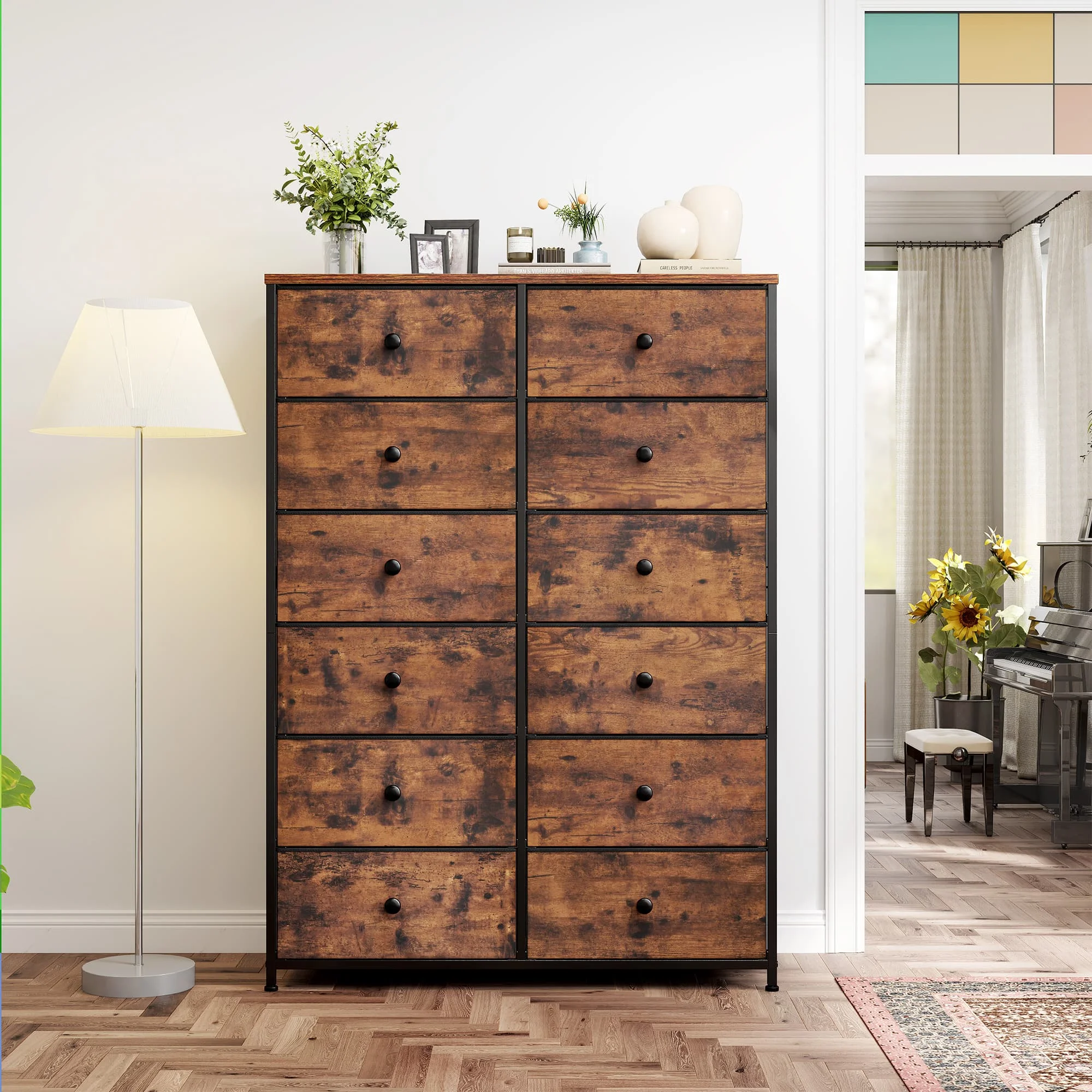 EnHomee Dresser With 12 Drawers, Tall Dressers For Bedroom With Wood Top Metal Frame, Chest Of Drawers For Living Room, Closets,