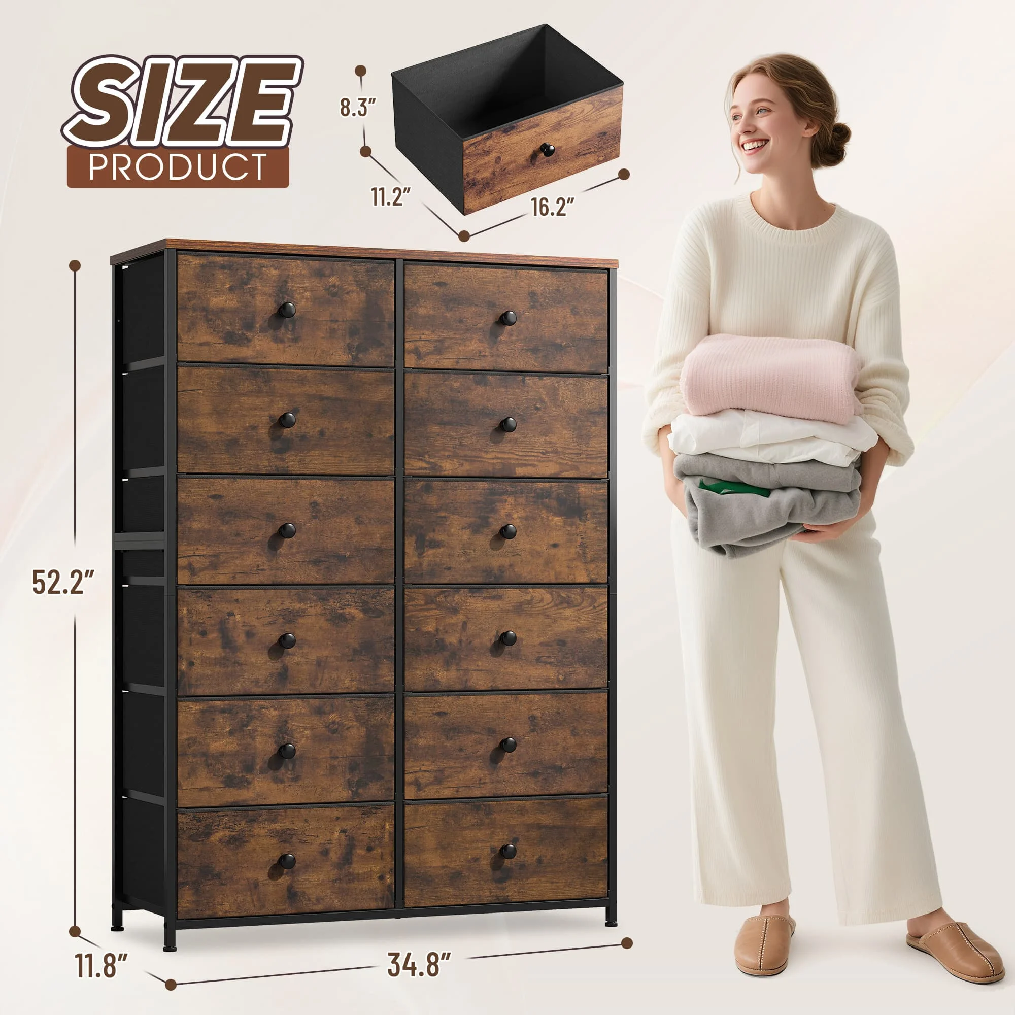 EnHomee Dresser With 12 Drawers, Tall Dressers For Bedroom With Wood Top Metal Frame, Chest Of Drawers For Living Room, Closets,