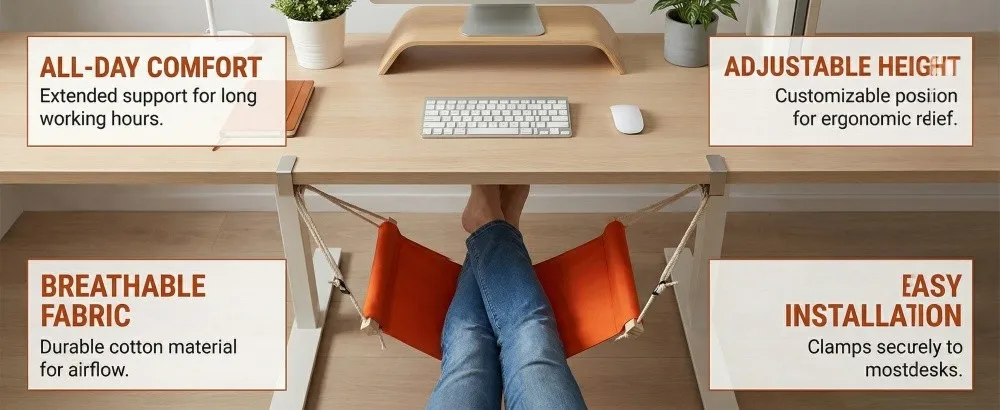 Ergonomic Adjustable Foot Hammock Portable Tool-free Desk Foot Rest Foldable Breathable Office Foot Support Airplane Travel