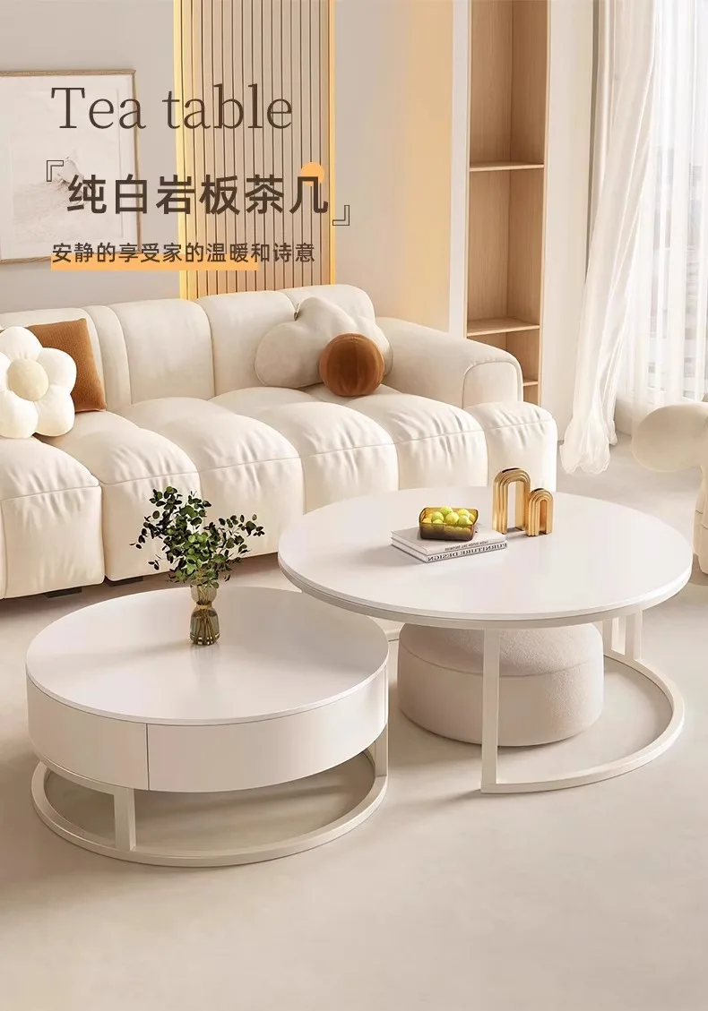 Light Luxury Simple Round Small Apartment Coffee Table Living Room Household Rock Slab Coffee Table Round Rock Slab Tea Table