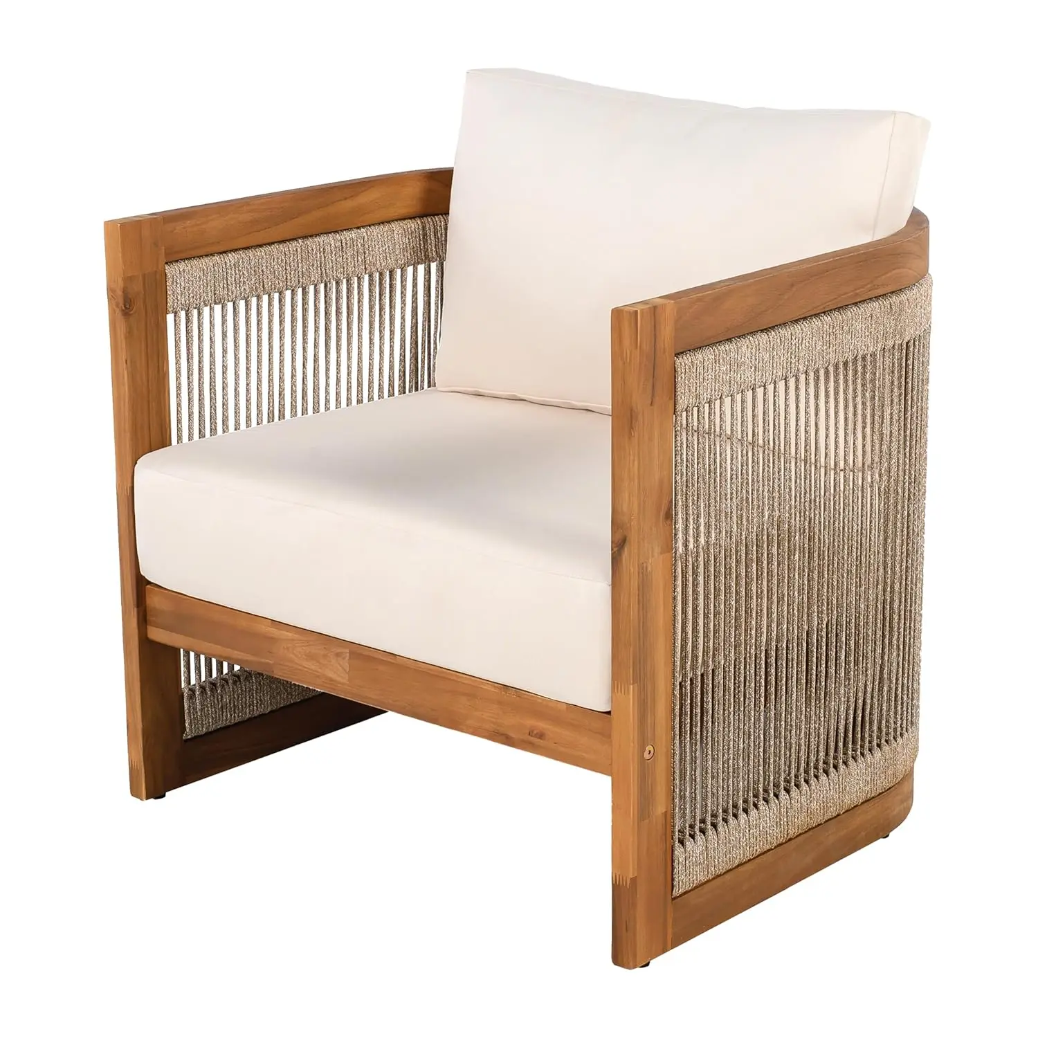 Acacia Wood Outdoor Club Chair Woven Rope Accent Comfy Patio Reading Seat with Removable Cushion Beige Teak,Customized