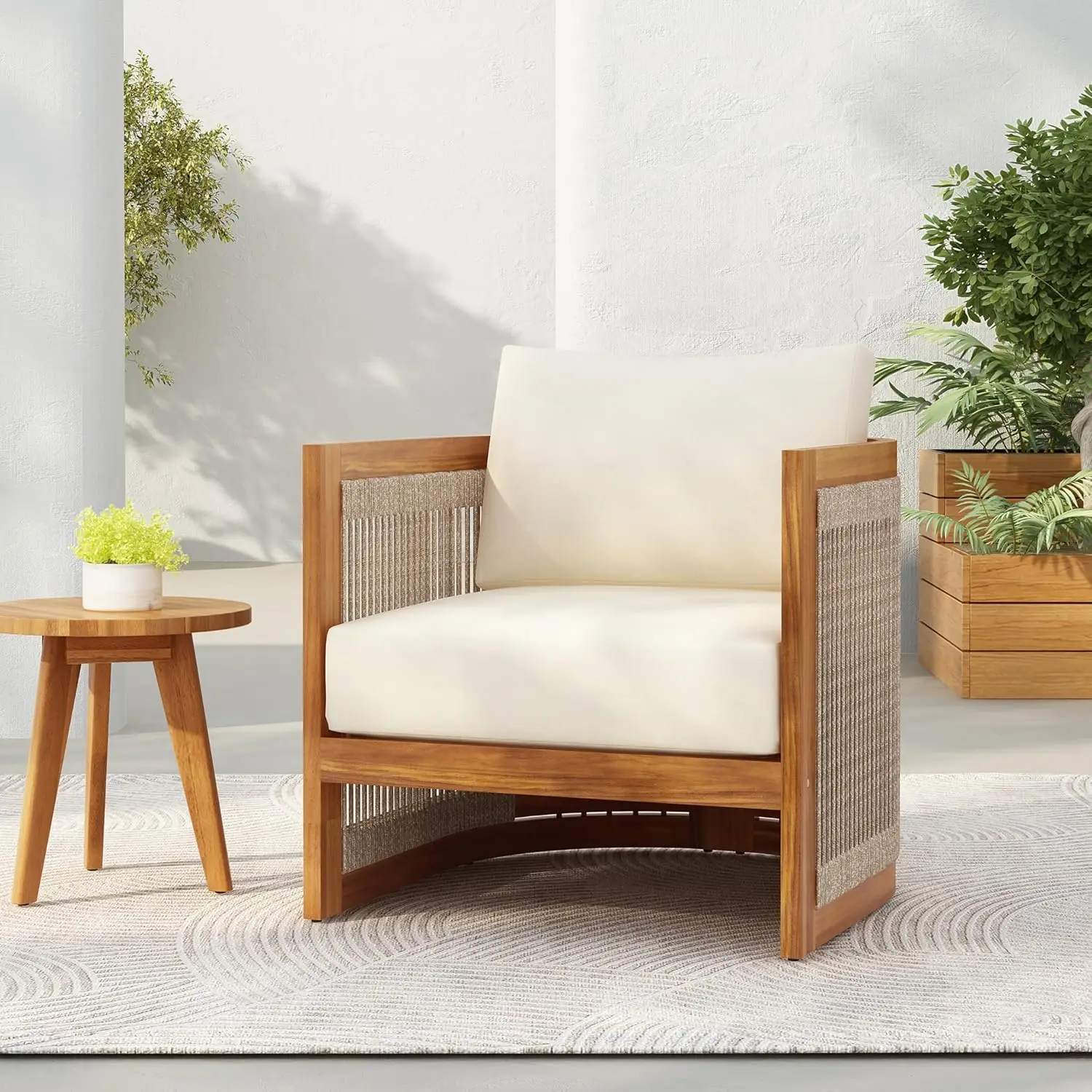 Acacia Wood Outdoor Club Chair Woven Rope Accent Comfy Patio Reading Seat with Removable Cushion Beige Teak,Customized