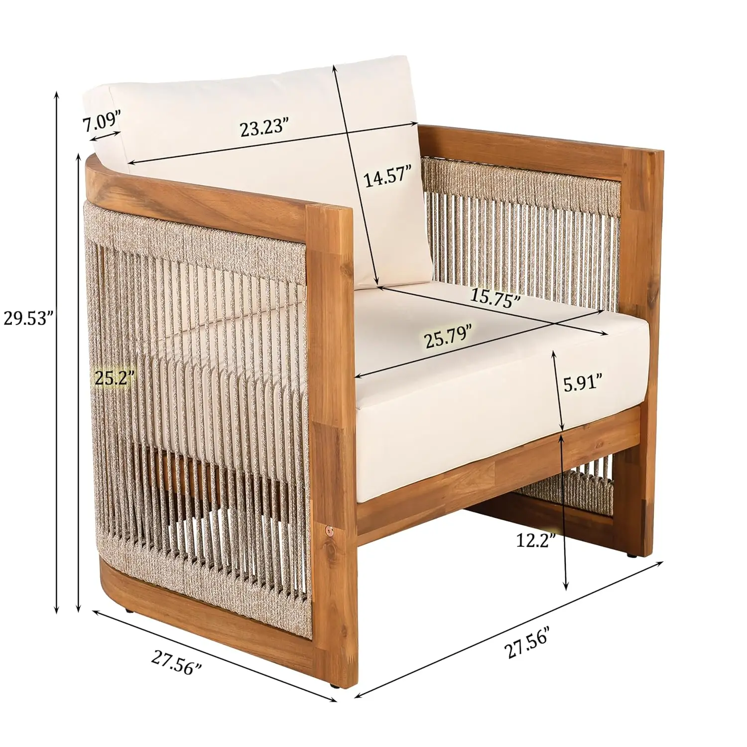 Acacia Wood Outdoor Club Chair Woven Rope Accent Comfy Patio Reading Seat with Removable Cushion Beige Teak,Customized
