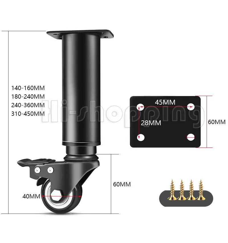 2Pcs Metal Adjustable Furniture Legs with 1.5 inch Swivel Caster Wheels for Cabinet/Sofa/Bed/Dresser/Couch/Coffee Table