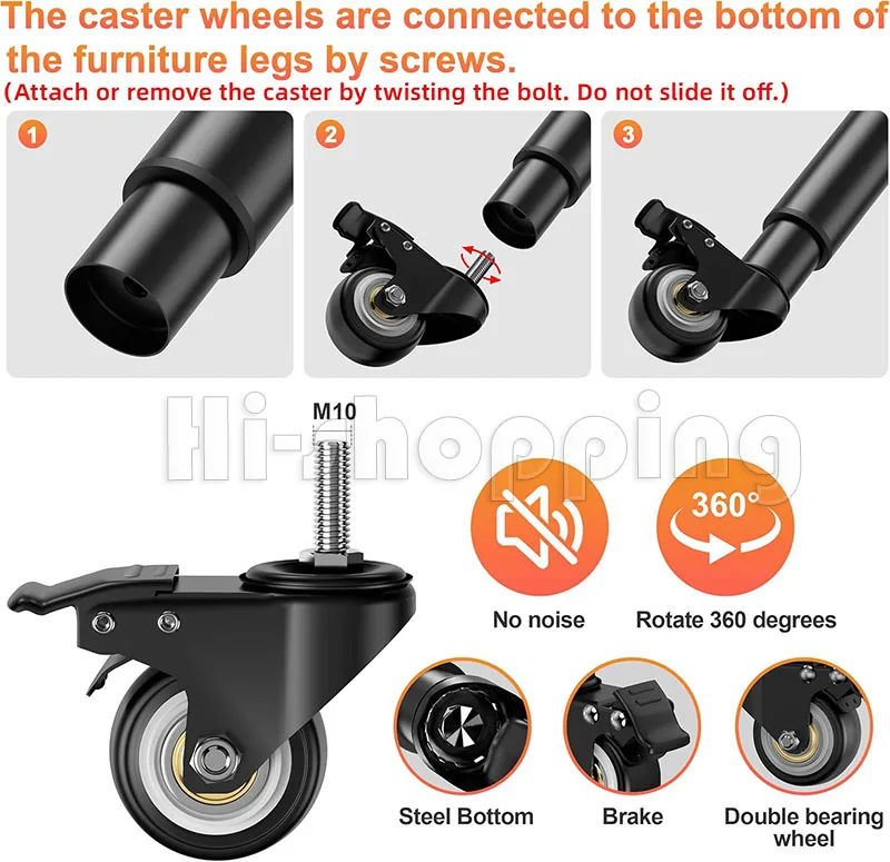 2Pcs Metal Adjustable Furniture Legs with 1.5 inch Swivel Caster Wheels for Cabinet/Sofa/Bed/Dresser/Couch/Coffee Table