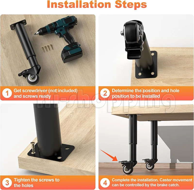 2Pcs Metal Adjustable Furniture Legs with 1.5 inch Swivel Caster Wheels for Cabinet/Sofa/Bed/Dresser/Couch/Coffee Table