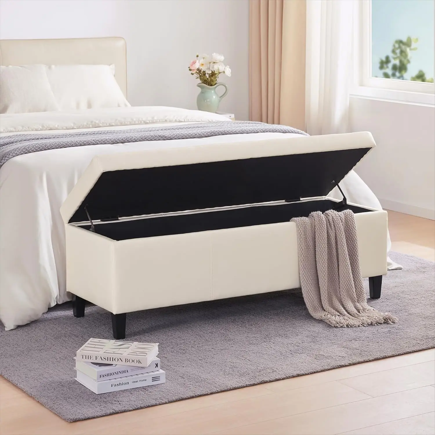 Faux Leather Storage Ottoman Bench 50.3 inch Extra Long Upholstered Bedroom Bench with Large Storage Space, Customized