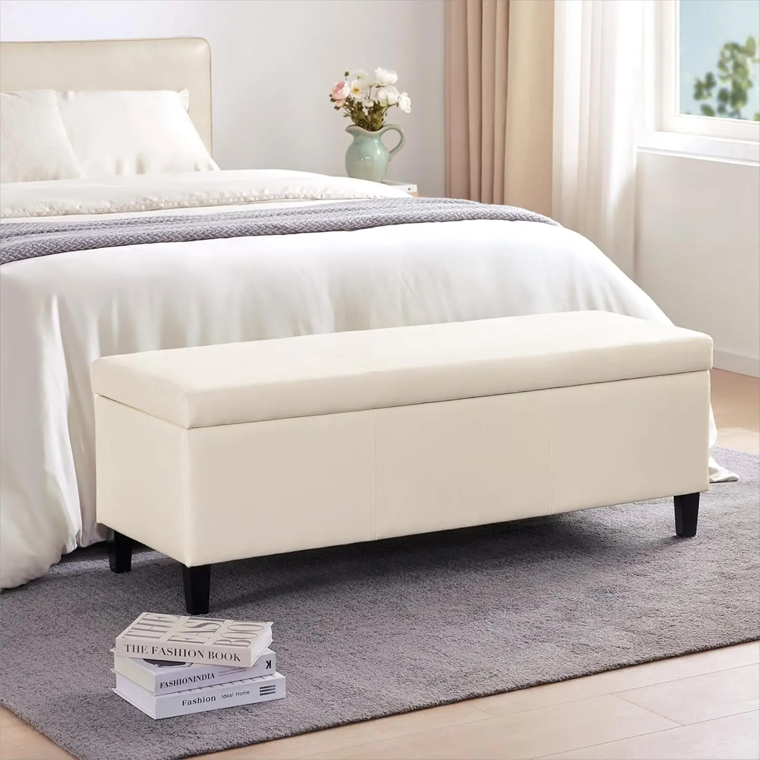 Faux Leather Storage Ottoman Bench 50.3 inch Extra Long Upholstered Bedroom Bench with Large Storage Space, Customized