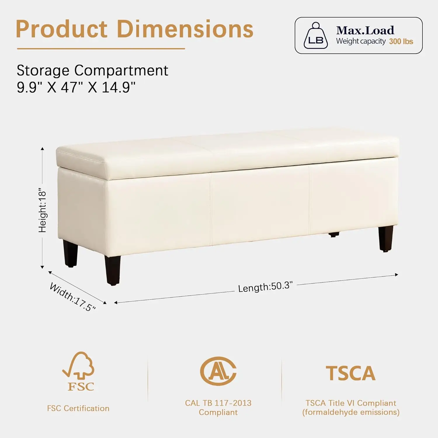 Faux Leather Storage Ottoman Bench 50.3 inch Extra Long Upholstered Bedroom Bench with Large Storage Space, Customized