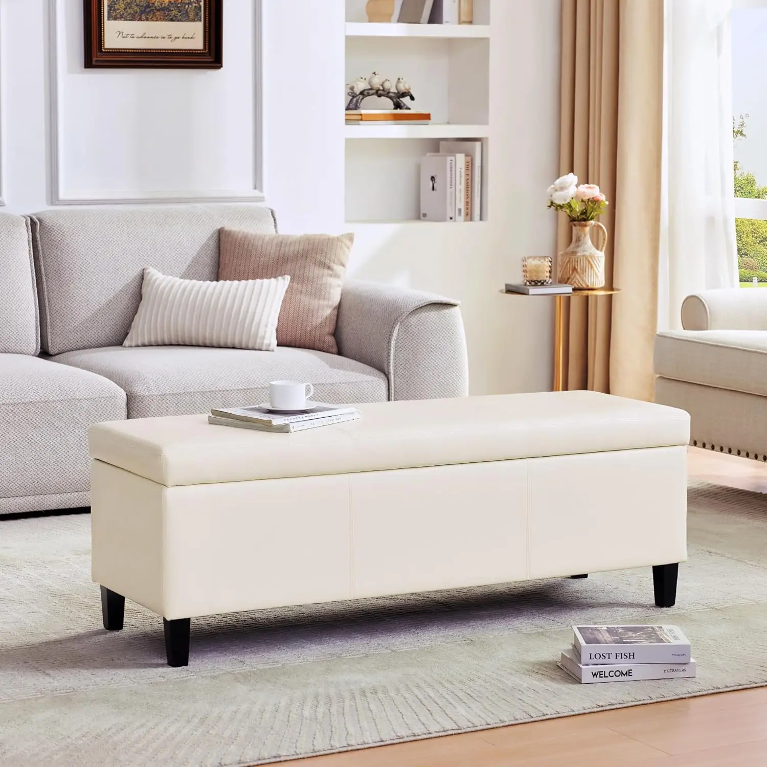 Faux Leather Storage Ottoman Bench 50.3 inch Extra Long Upholstered Bedroom Bench with Large Storage Space, Customized