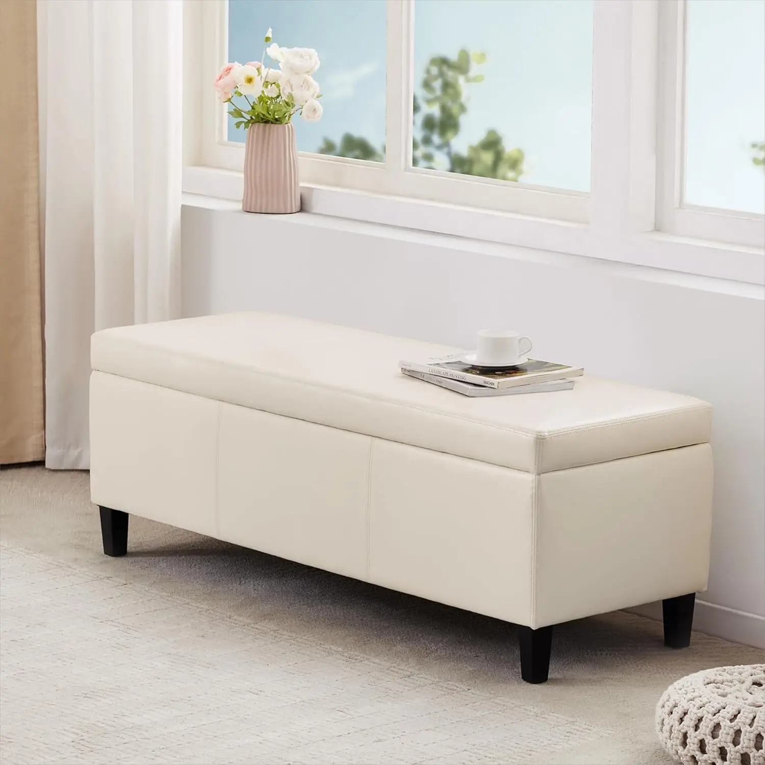 Faux Leather Storage Ottoman Bench 50.3 inch Extra Long Upholstered Bedroom Bench with Large Storage Space, Customized