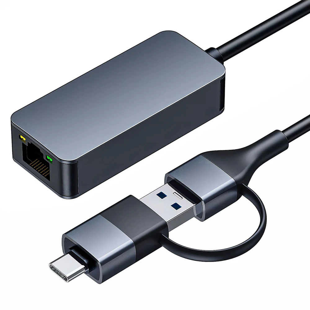 2-in-1 USB 3.0 2.5G Ethernet Adapter Type-C to RJ45 2500Mbps Rtl8156B Network Card Cat7/8 LAN Converter for NAS Laptop Desktop