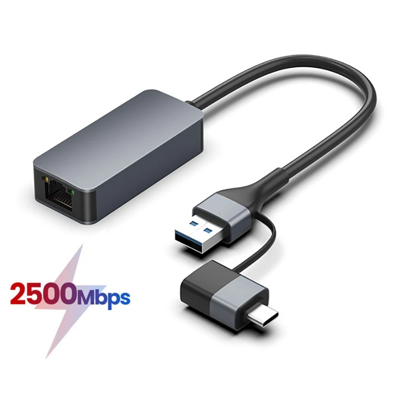 2-in-1 USB 3.0 2.5G Ethernet Adapter Type-C to RJ45 2500Mbps Rtl8156B Network Card Cat7/8 LAN Converter for NAS Laptop Desktop