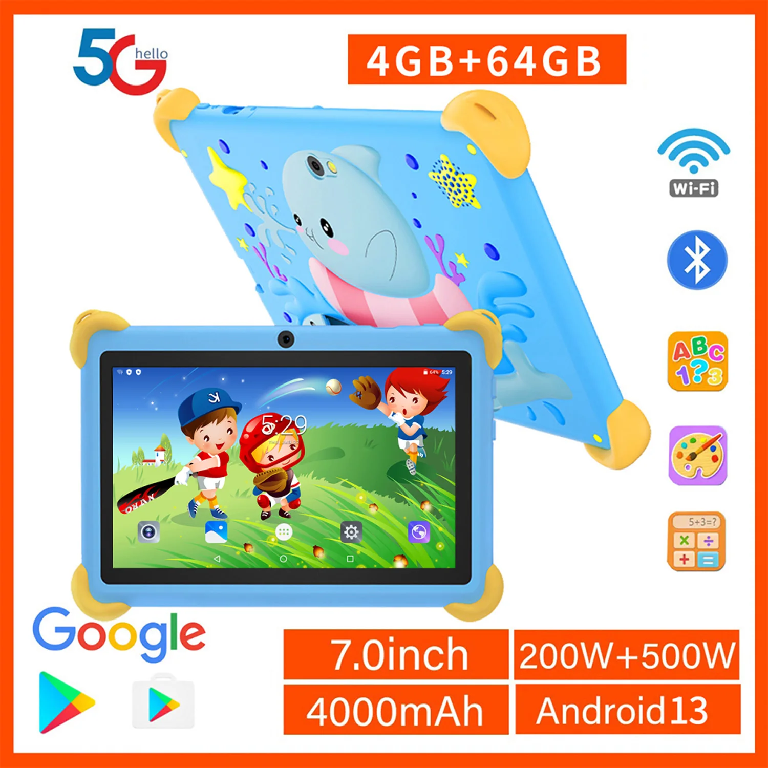 7 Inch 5G Kids' Tablet with Cartoon Pattern Android Learning Education PC with Kids-Proof Case 4000mAh Tablet