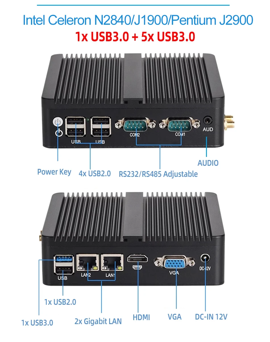 Intel Celeron Fanless Industrial IoT Mini PC J6412 J2900 J1900 2x COM RS232 RS485 2x Gigabit Ethernet Support WiFi 3G 4G SIM