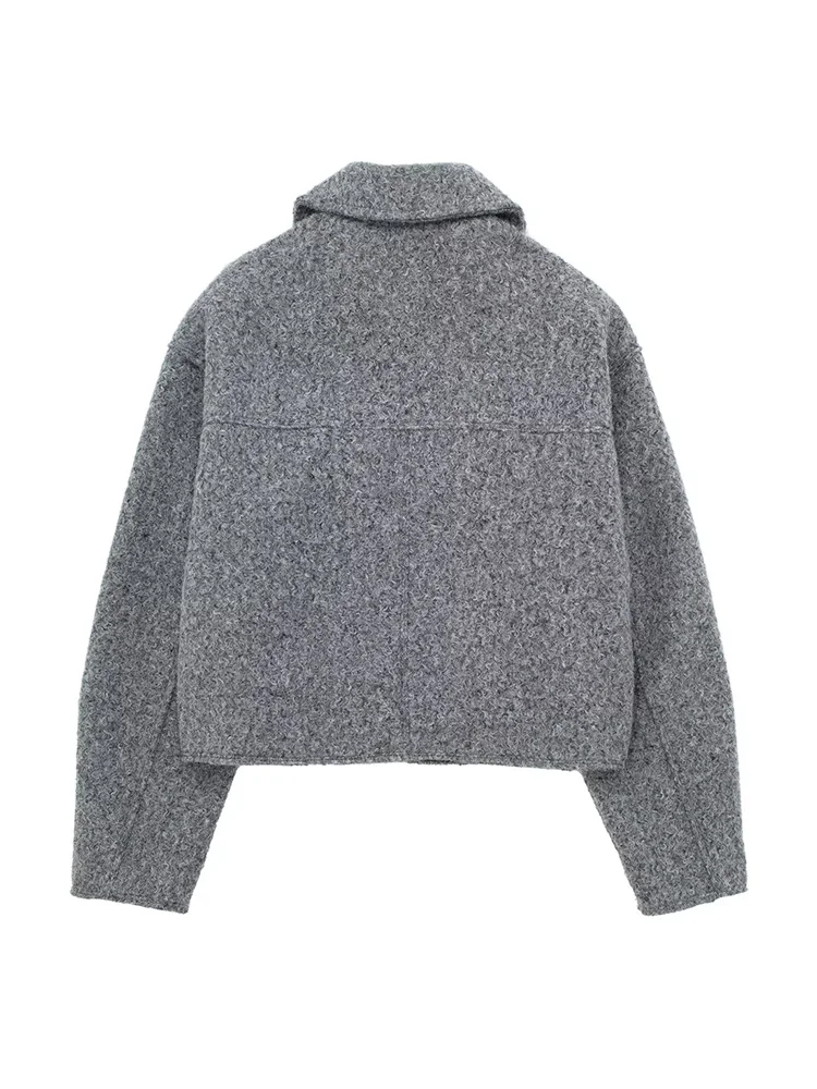 Willshela Women Fashion With Pockets Grey Front Zipper Jackets Vintage Lapel Neck Long Sleeves Female Chic Lady Outfits