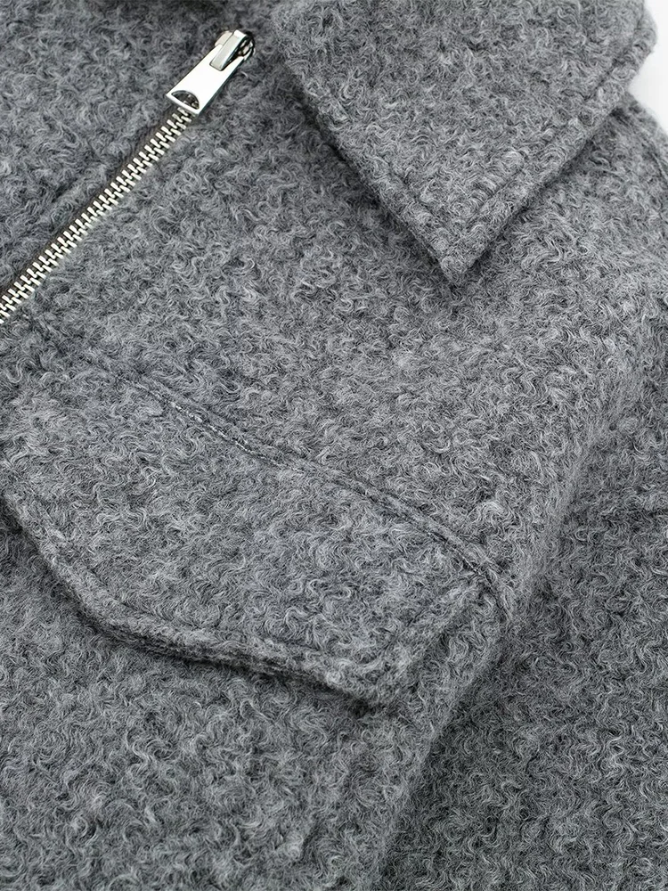 Willshela Women Fashion With Pockets Grey Front Zipper Jackets Vintage Lapel Neck Long Sleeves Female Chic Lady Outfits