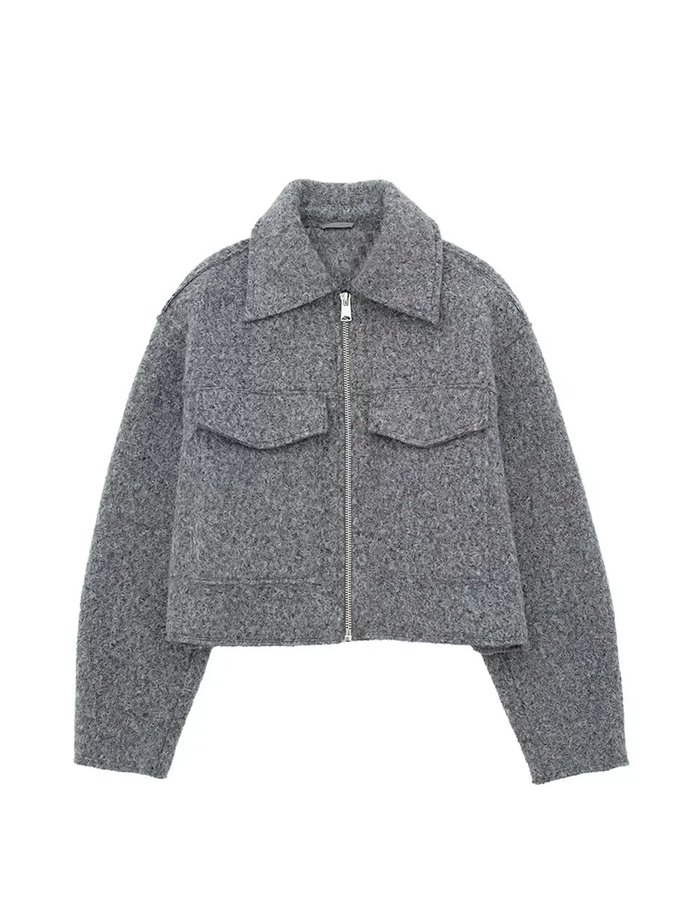 Willshela Women Fashion With Pockets Grey Front Zipper Jackets Vintage Lapel Neck Long Sleeves Female Chic Lady Outfits