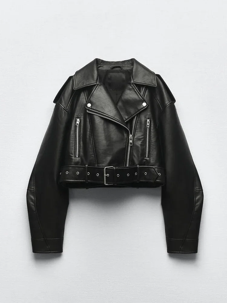BBWM Women Oversized Vintage Loose Pu Faux Leather Short Jacket with Belt Streetwear Female Zipper Retro Moto Biker Coat Outwear