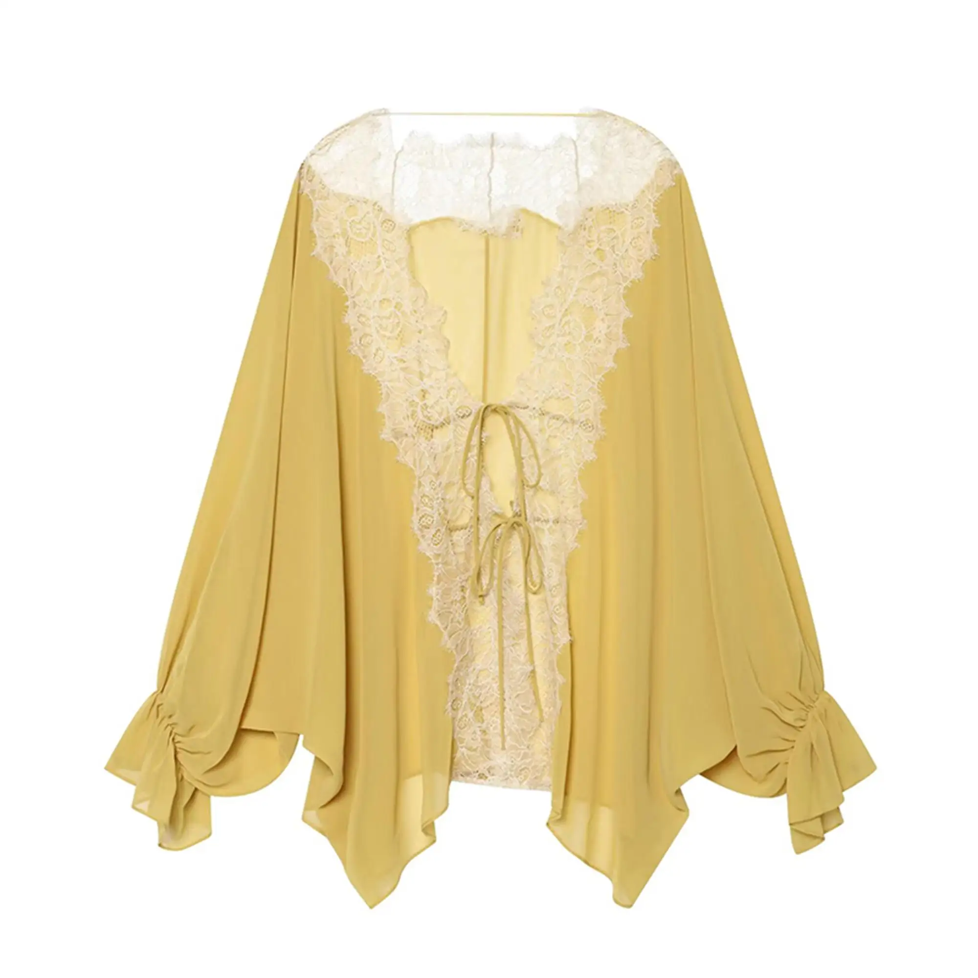 TFMLN Women Lace Patchwork Lantern Long Sleeve Shirt Top Tie-up Loose Sheer Blouse Elegant Irregular High Street Fashion Lady