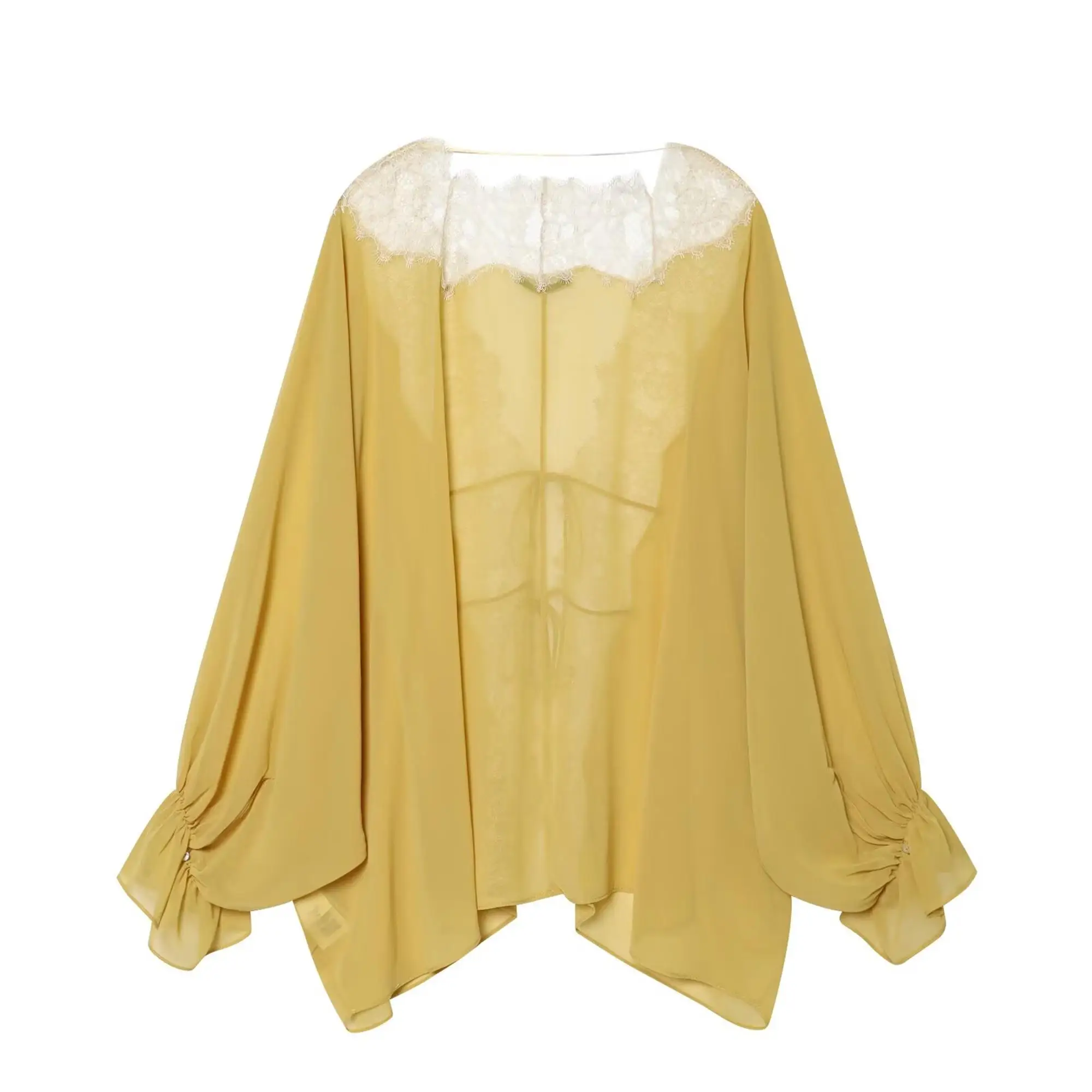 TFMLN Women Lace Patchwork Lantern Long Sleeve Shirt Top Tie-up Loose Sheer Blouse Elegant Irregular High Street Fashion Lady
