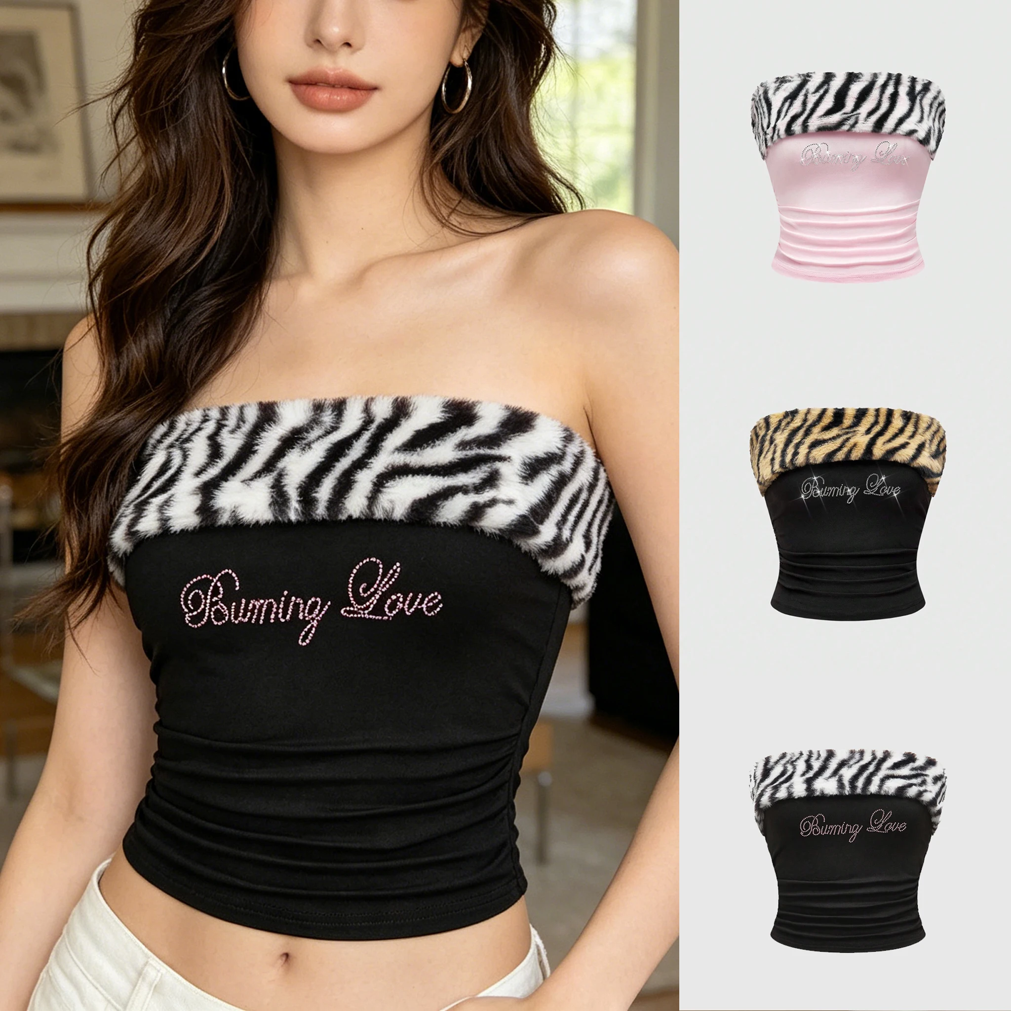 Women's Sexy Slim Fit Y2K Leopard Print Vest Strapless Top Short Style Navel Exposed Casual Summer Fashion Letter Hot Drilling