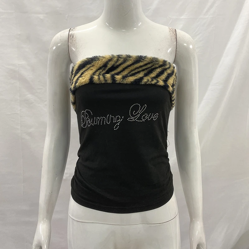 Women's Sexy Slim Fit Y2K Leopard Print Vest Strapless Top Short Style Navel Exposed Casual Summer Fashion Letter Hot Drilling