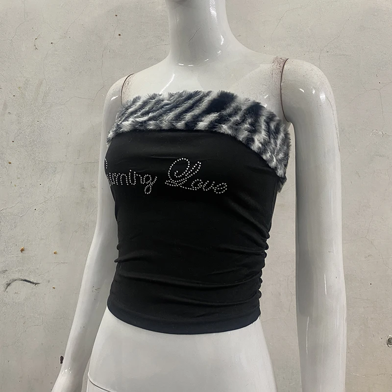Women's Sexy Slim Fit Y2K Leopard Print Vest Strapless Top Short Style Navel Exposed Casual Summer Fashion Letter Hot Drilling