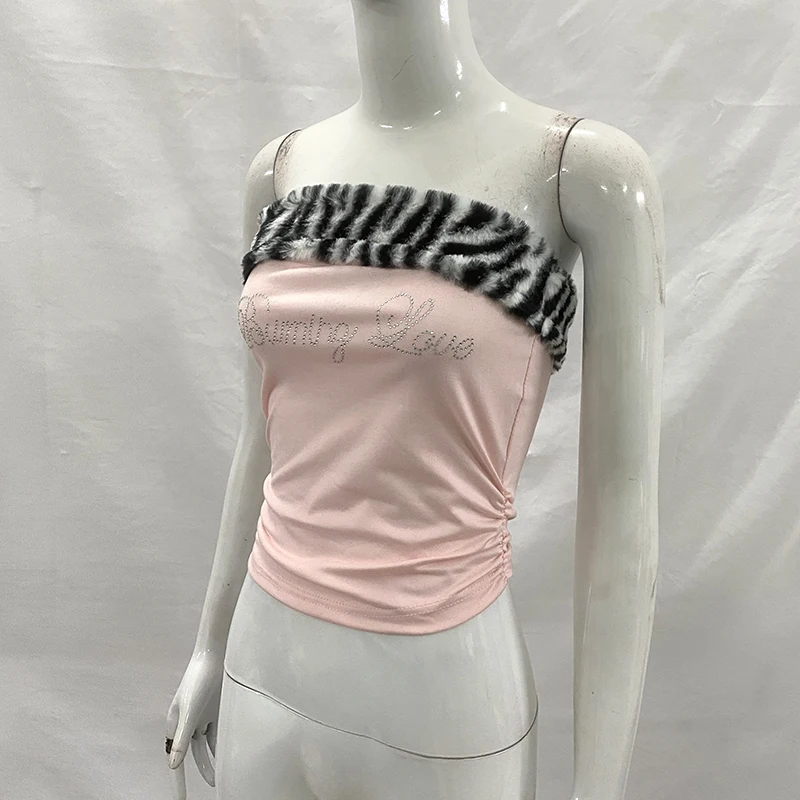 Women's Sexy Slim Fit Y2K Leopard Print Vest Strapless Top Short Style Navel Exposed Casual Summer Fashion Letter Hot Drilling