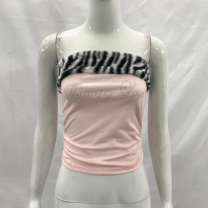 Women's Sexy Slim Fit Y2K Leopard Print Vest Strapless Top Short Style Navel Exposed Casual Summer Fashion Letter Hot Drilling