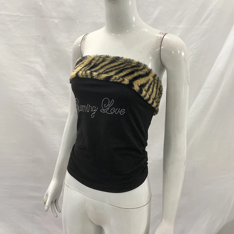 Women's Sexy Slim Fit Y2K Leopard Print Vest Strapless Top Short Style Navel Exposed Casual Summer Fashion Letter Hot Drilling