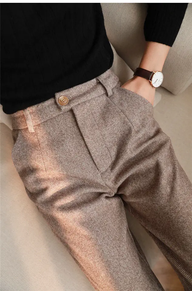 Woolen Pants Women's Harem Pencil Pants 2026 Autumn Winter High Waisted Casual Suit Pants Office Lady Women Trousers