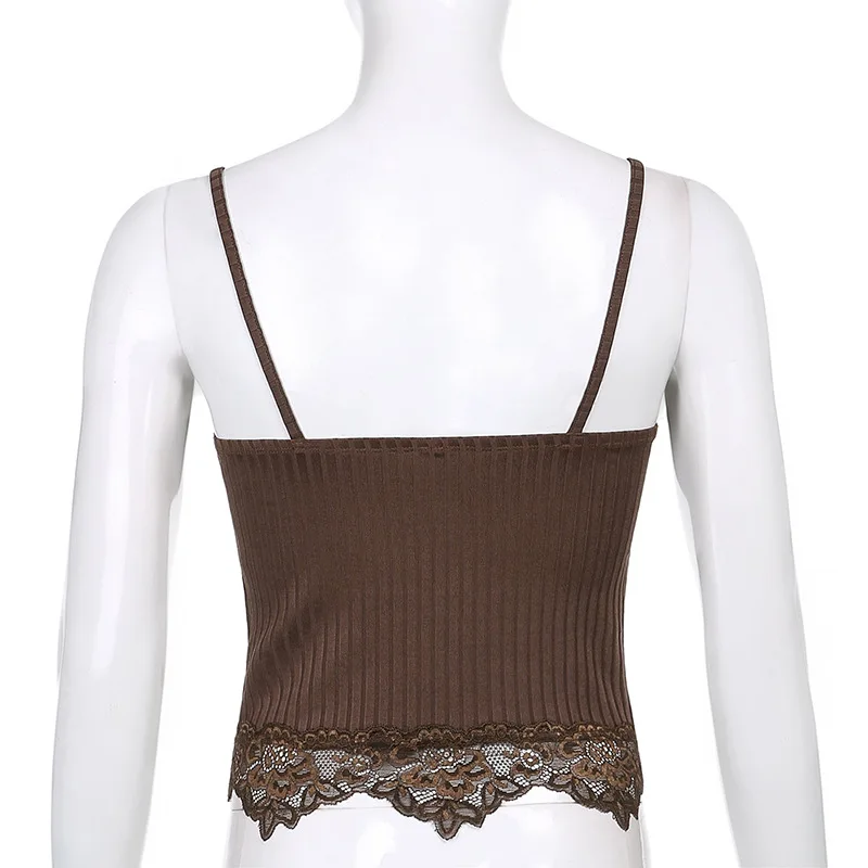 Gothic Basic Bodycon Women Camis Grunge Punk Black Casual Lace Trim Crop Tops Ribbed Backless Alt Clothes Summer